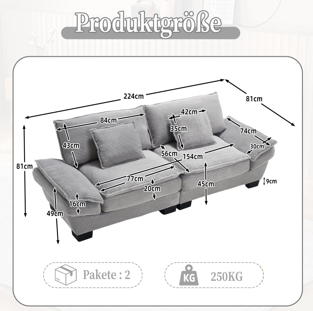 DIVANO 2 POSTI 224x81x81 cm Velluto Grigio Chiaro con 2 cuscini