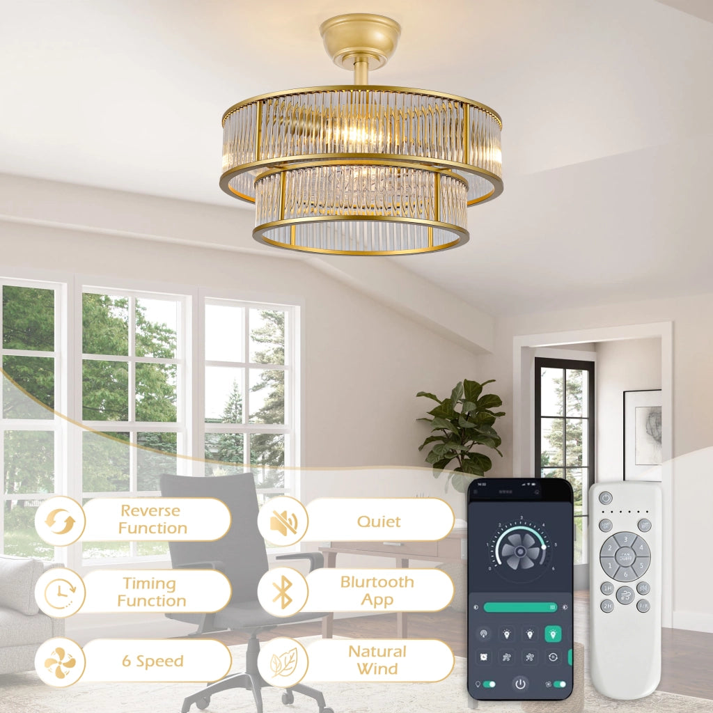 Ventilatore da soffitto con illuminazione 4 attacchi E26. 6 velocità; app Bluetooth e telecomando oro