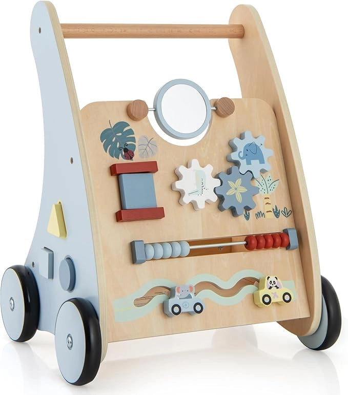 2 in 1 Girello Neonato in Legno, Carrello Primi Passi per Bambini, con Giocattoli Montessori, Scomparto Portaoggetti, per Bambini 3+ Anni