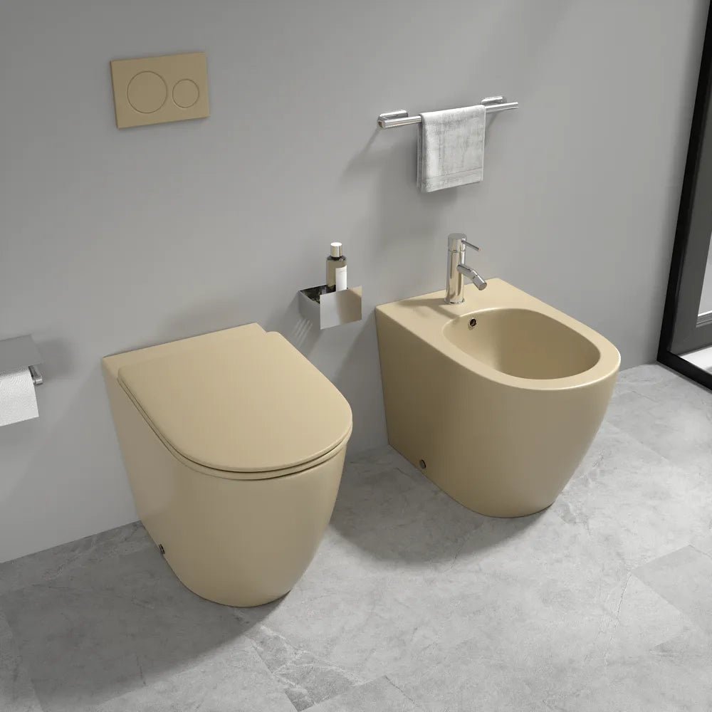 Sanitari filomuro in ceramica khaki opaco vaso rimless sedile soft-close e bidet | Europa