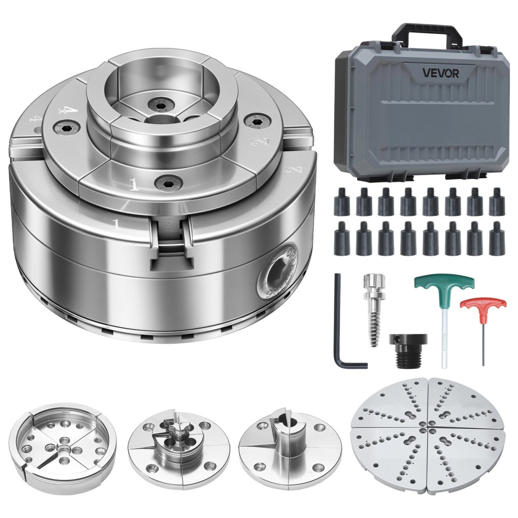 Mandrino autocentrante a 4 griffe da 102 mm per tornitura del legno, set con adattatore 1 pollice x 8 TPI, 5 griffe, valigetta, acciaio nichelato