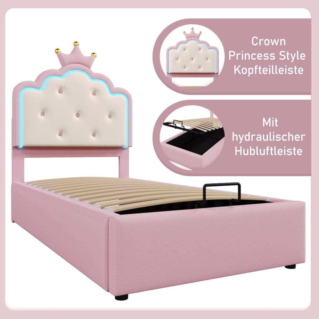 Letto per bambini imbottito 90x200 cm in PU e MDF con luce LED e contenitore, rosa