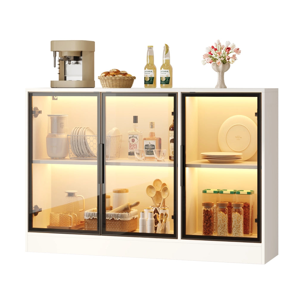 Vetrina LED 120x30x73 cm in truciolare bianco con frontali in vetro grigio