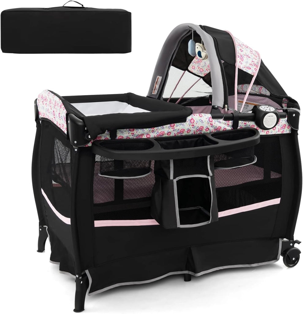 4 in 1 Lettino da Campeggio con Fasciatoio, Lettino Pieghevole per Bambini con Materasso, Centro Neonati con Culla, Box Musicale, Cappottina Regolabile, Borsa da Viaggio (Fiore Grande)
