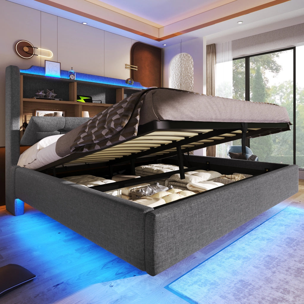 Letto imbottito 140 ¡Á 200 cm con vano idraulico LED USB e tipo C in lino e MDF grigio