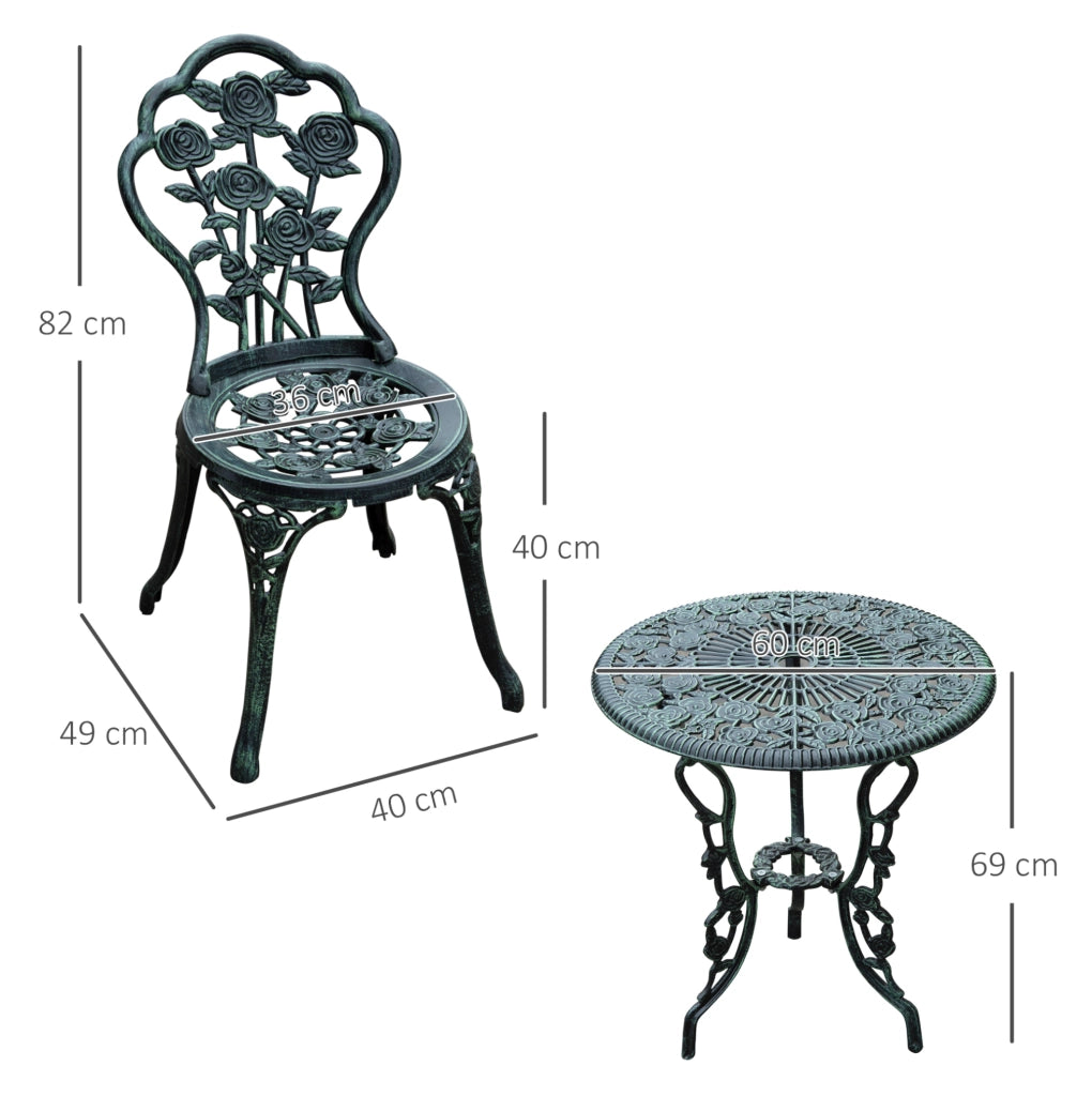 Set da bistro 3 pezzi in alluminio pressofuso verniciato verde antico per balcone e terrazza