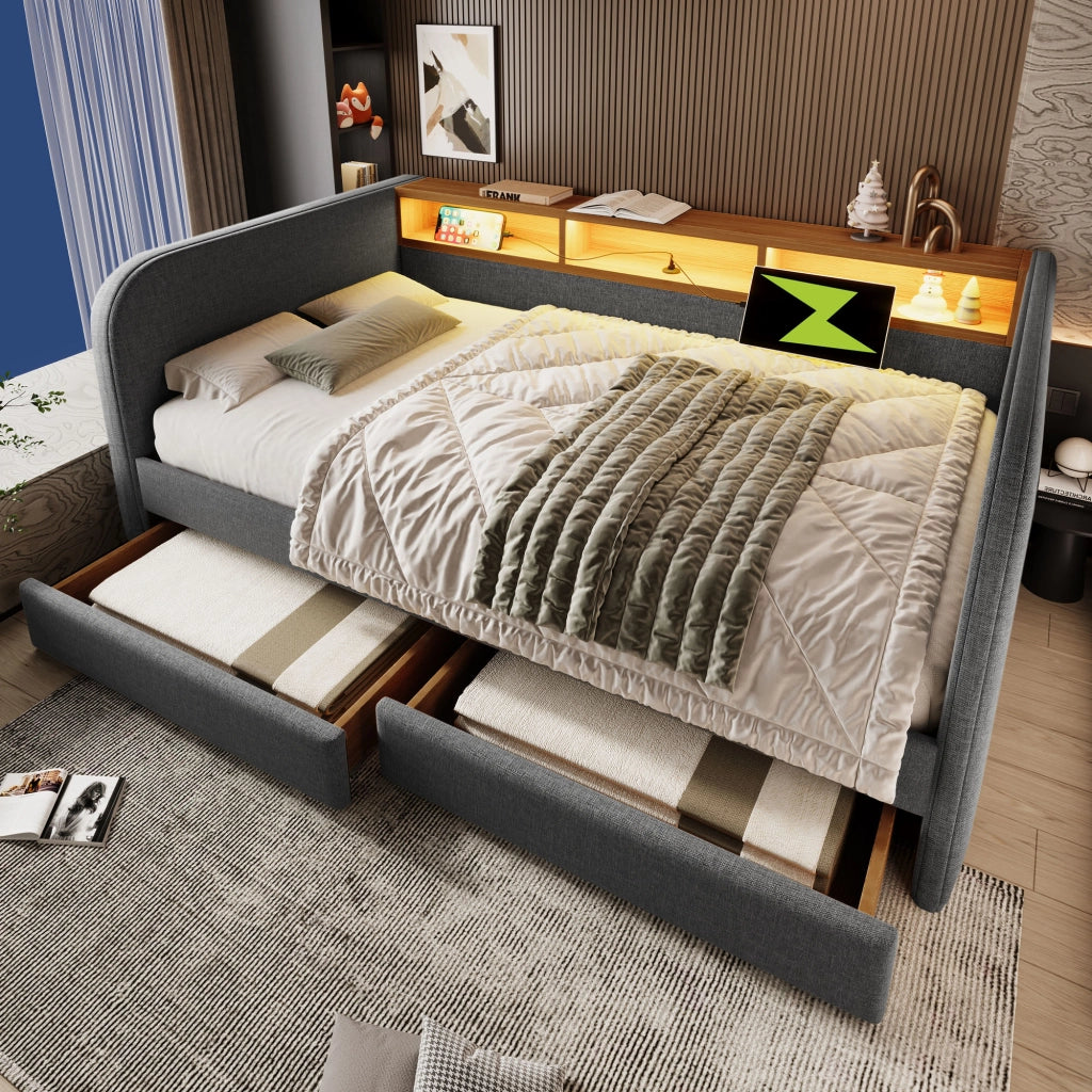 Letto imbottito 140x190 cm grigio con luci LED