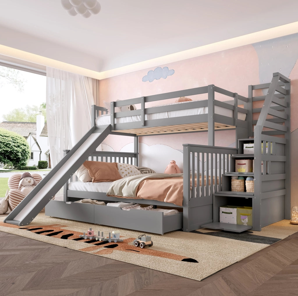 Letto a castello 90x200/140x200 cm con scivolo e cassetti