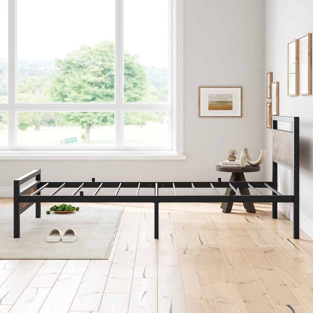 Letto una piazza e mezza 140 × 200 cm con rete a doghe e vano sottoletto in metallo e MDF, marrone antico
