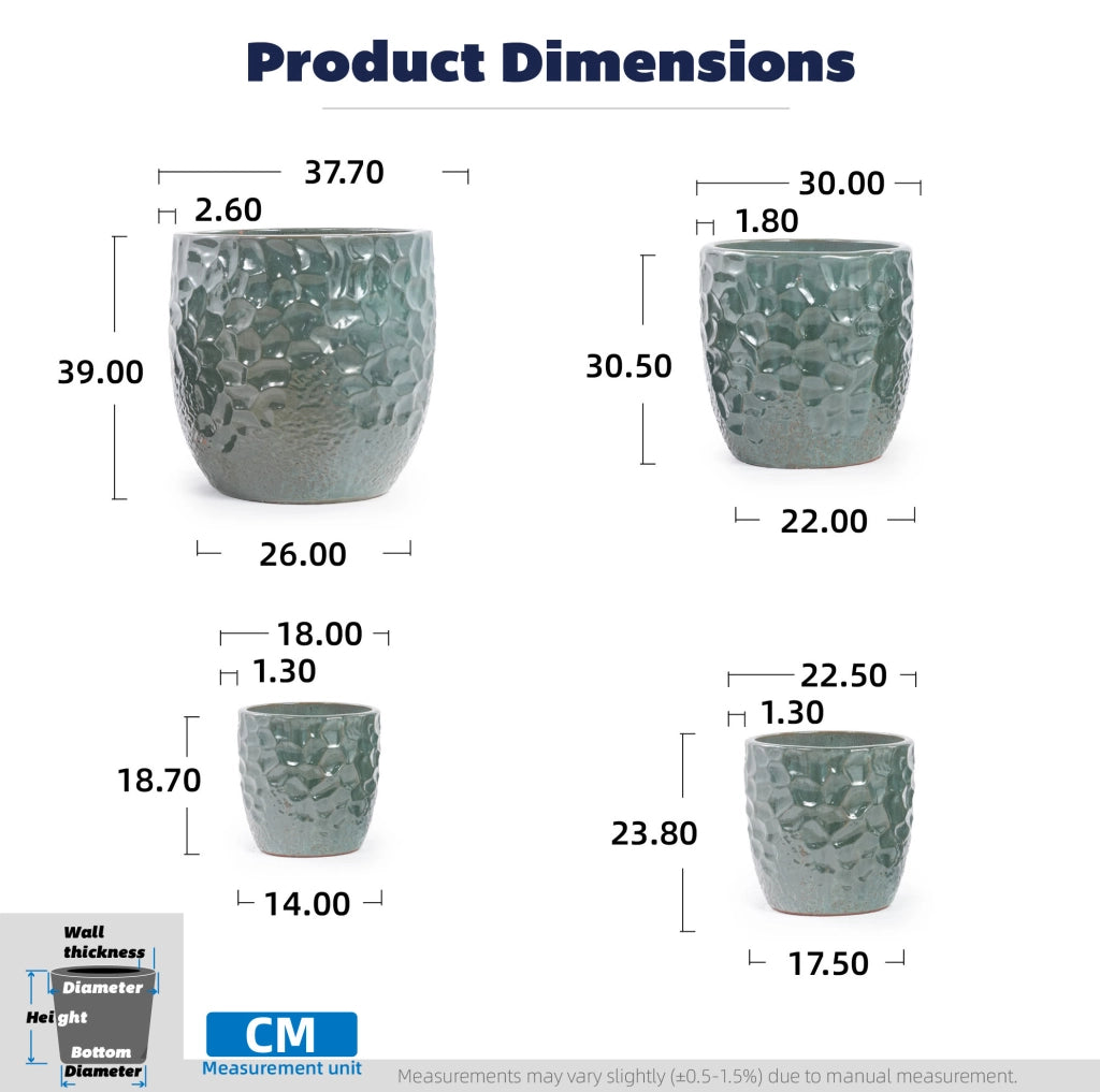Vaso per piante ULEVR ? 38 cm in ceramica verde scuro lucido con foro di drenaggio e rilievo martellato