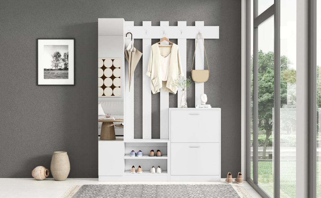 Mobile Ingresso con Specchio e Scarpiera Guardaroba Bianco 135x25x180 cm