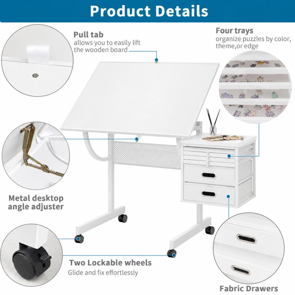 Tavolo per puzzle regolabile 0-65 gradi per 1500 pezzi in MDF; metallo e poliestere bianco