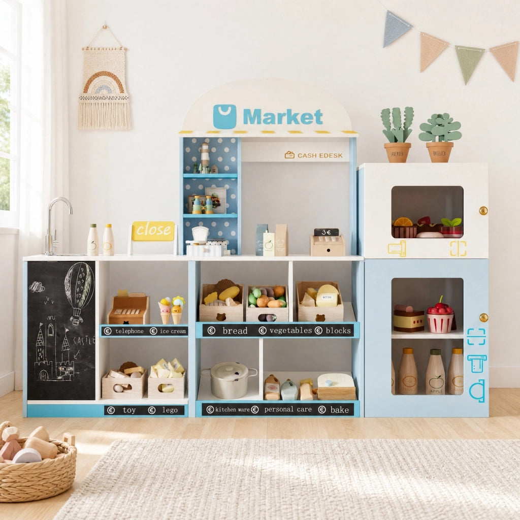 Negozio giocattolo per bambini con scaffali frigorifero lavagna scrivibile bancone laterale e rubinetto blu in MDF