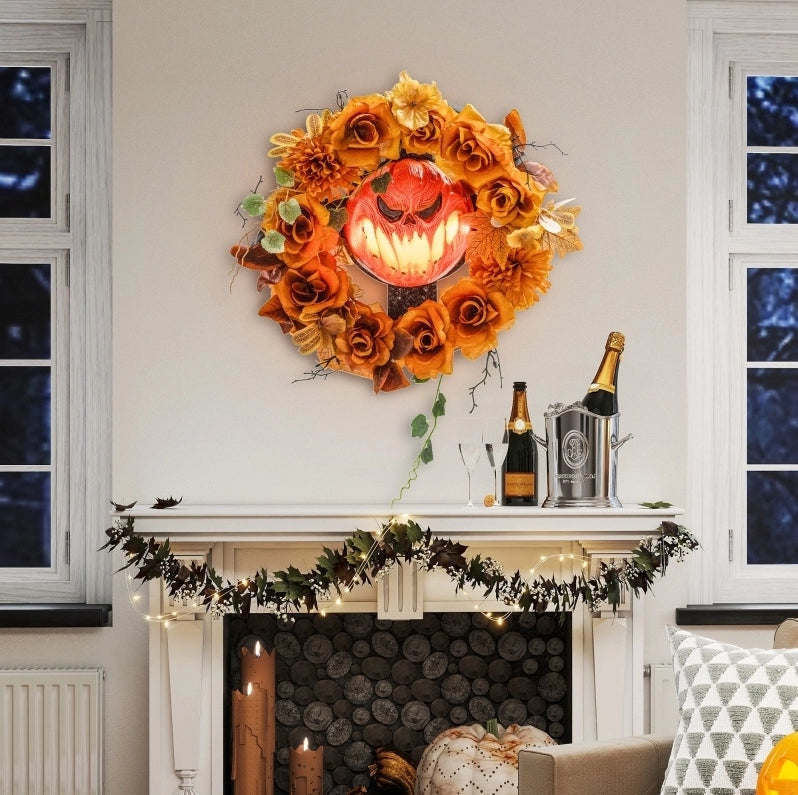 Ghirlanda luminosa di Halloween 44 cm arancione in acciaio e poliestere da appendere