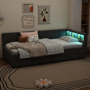 Letto singolo a divano 90 × 200 cm con rete a doghe in lino e MDF grigio con cassetti e LED