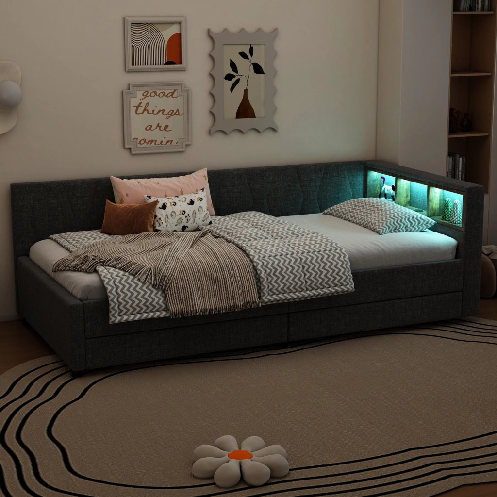 Letto singolo a divano 90 × 200 cm con rete a doghe in lino e MDF grigio con cassetti e LED
