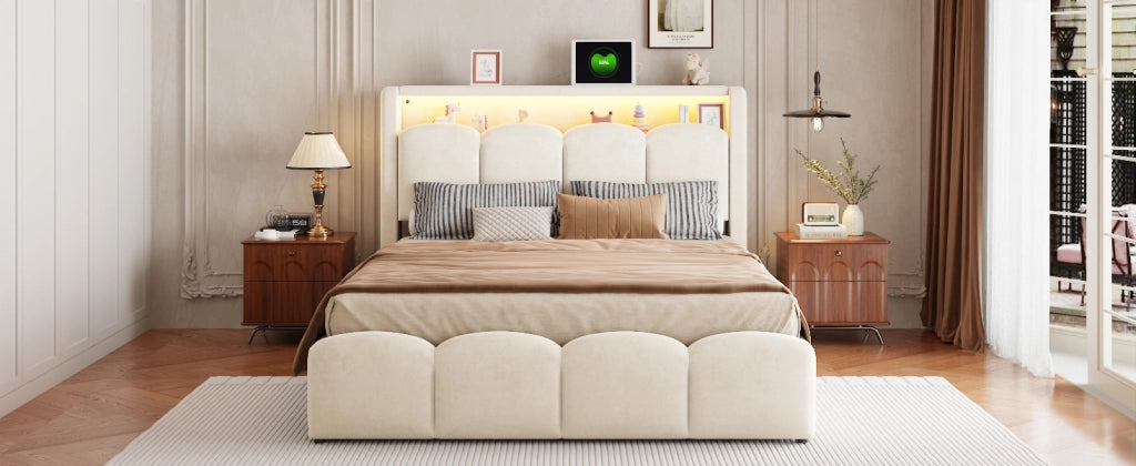 Letto matrimoniale imbottito 140 × 200 cm con contenitore idraulico velluto beige USB e Type-C LED