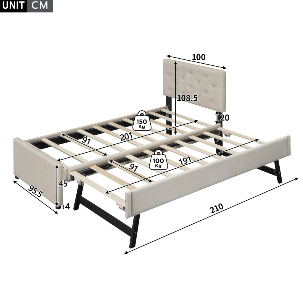 Letto imbottito 90x200 cm con letto estraibile beige