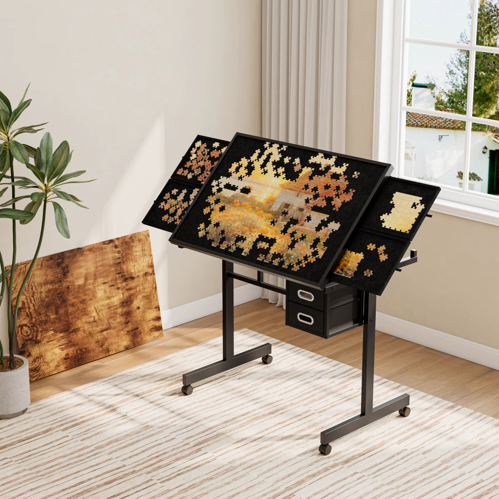 Tavolo per puzzle fino a 1000 pezzi con copertura in legno; 4 ruote; 6 cassetti e piano nero in MDF e metallo
