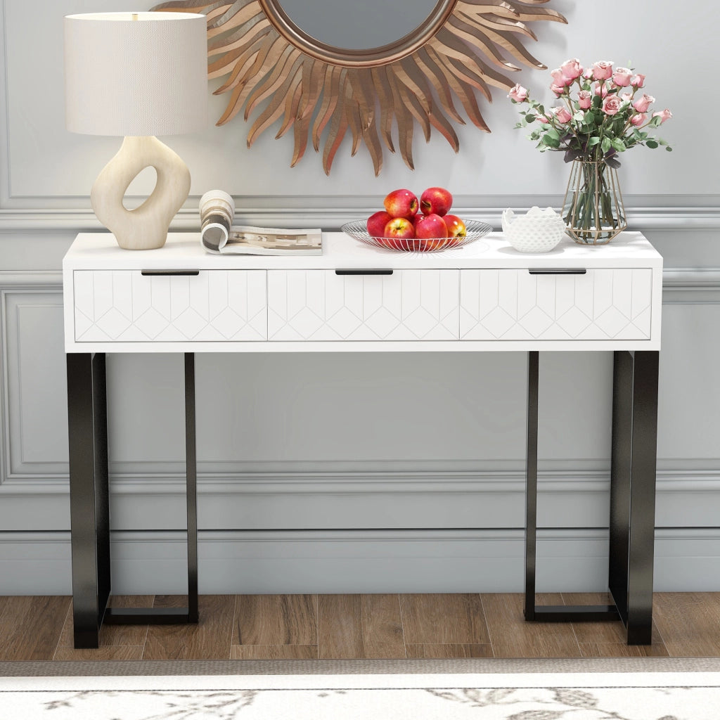 Tavolo consolle con cassetti e piedini regolabili in MDF bianco e nero
