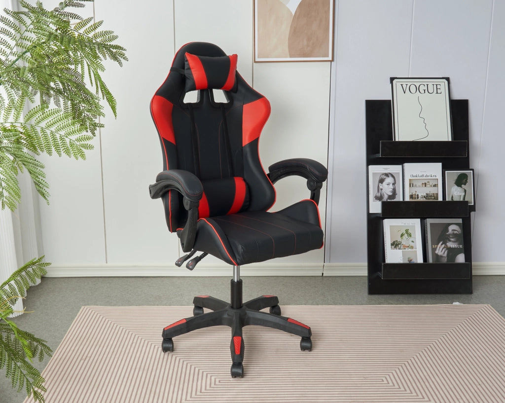 Sedia Gaming Professionale SimilPelle Reclinabile Con Braccioli Poltrona Ufficio Regolabile in Altezza Pistone Gas,Cuscino Poggiatesta E Lombare Gamer - Rosso