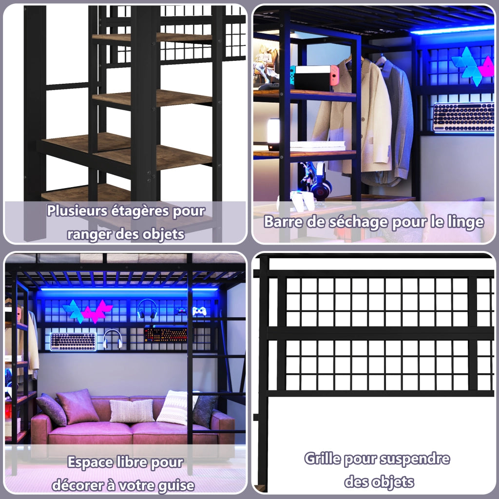Letto per bambini a soppalco 90x200 cm con LED; ripiani e rete appendiabiti; metallo e MDF nero