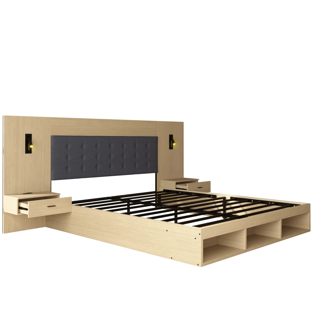 Letto matrimoniale in legno con USB, LED e 2 comodini, 180x200 cm, quercia chiara
