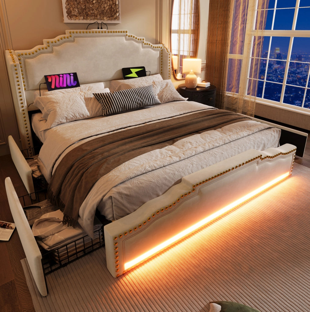 LETTO 160x200 cm in velluto beige con LED e porte USB/Type-C
