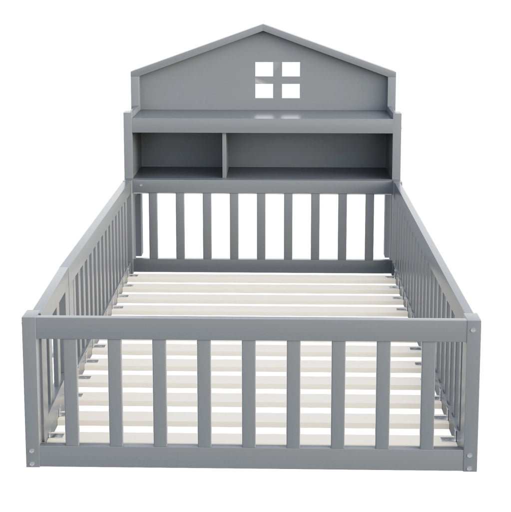 Letto per bambini 90x200 cm a casetta con protezione, ripiani e lavagna grigio