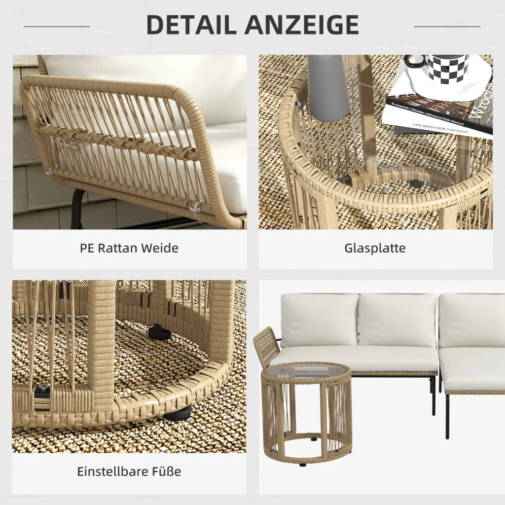 Set mobili da giardino in rattan con sdraio, tavolino, divano 2 posti e cuscini crema per terrazza e balcone