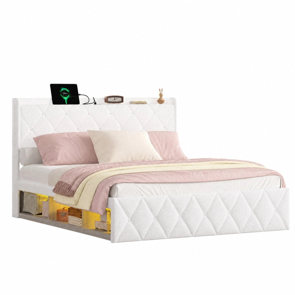 Letto matrimoniale 140x200 cm Teddy bianco con LED e ricarica USB