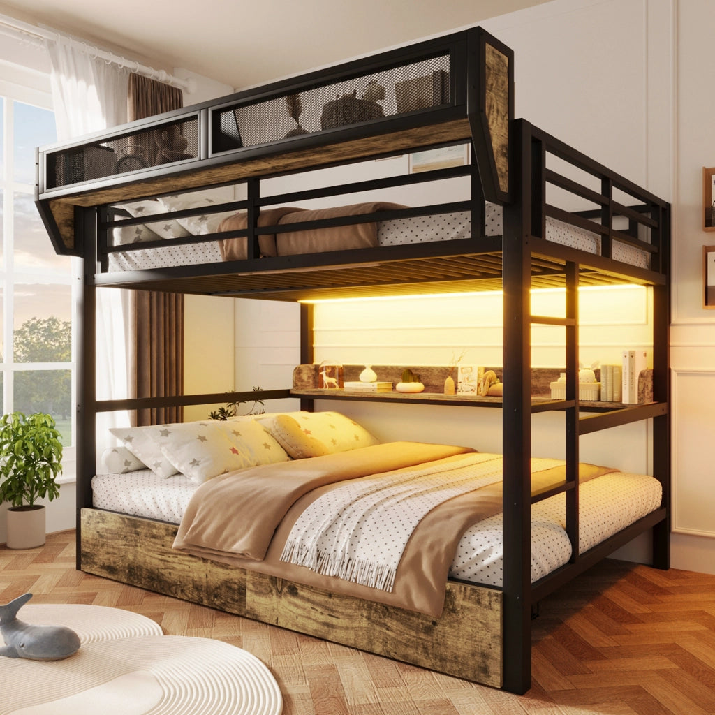 Letto a castello 140 × 200 cm in metallo e MDF nero con LED ripiani cestino e due cassetti