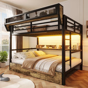 Letto a castello 140 × 200 cm in metallo e MDF nero con LED ripiani cestino e due cassetti