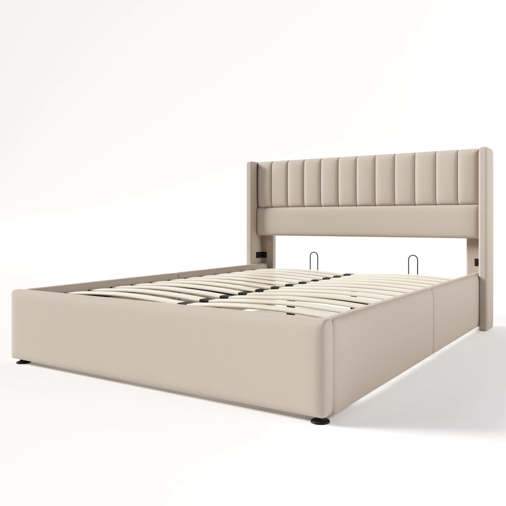 Letto contenitore 140x200 cm imbottito in lino beige