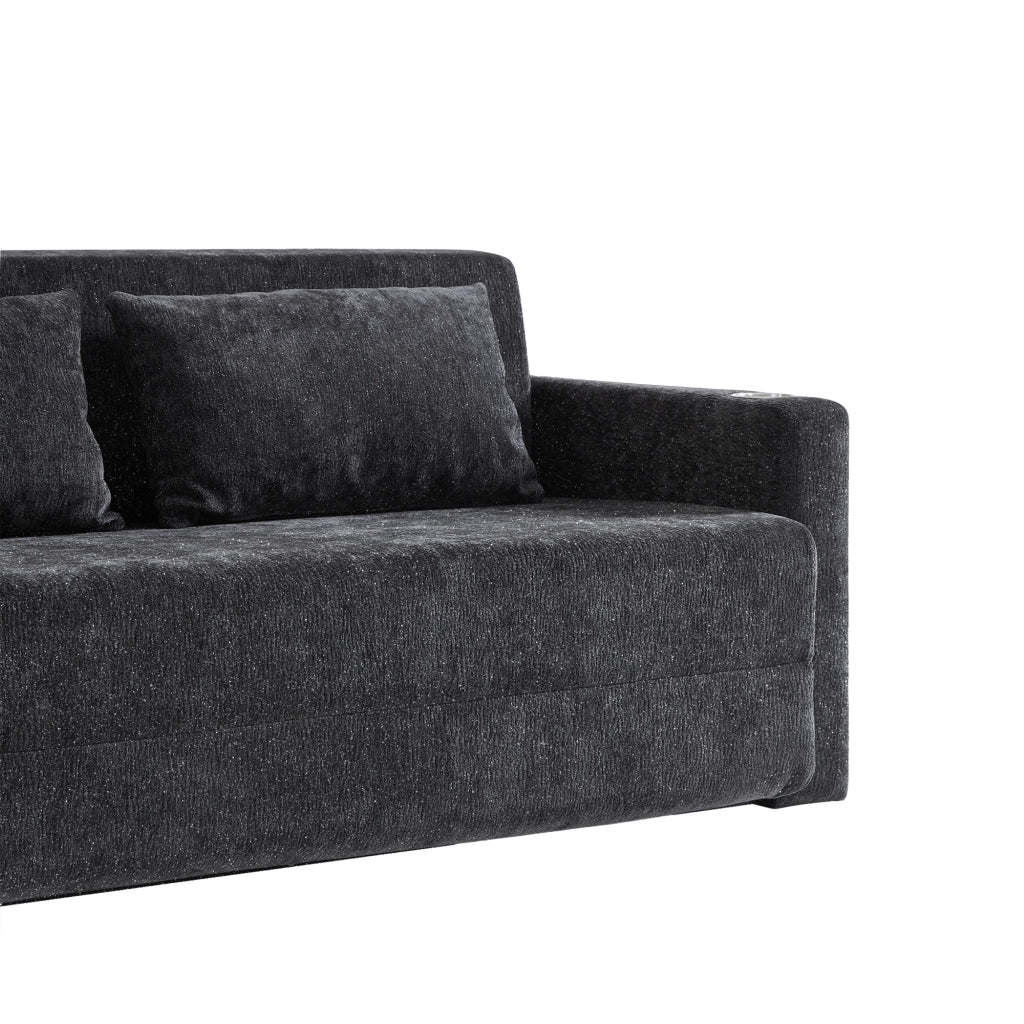 Divano letto pieghevole 2 posti 2 in 1 in ciniglia nero e grigio con USB