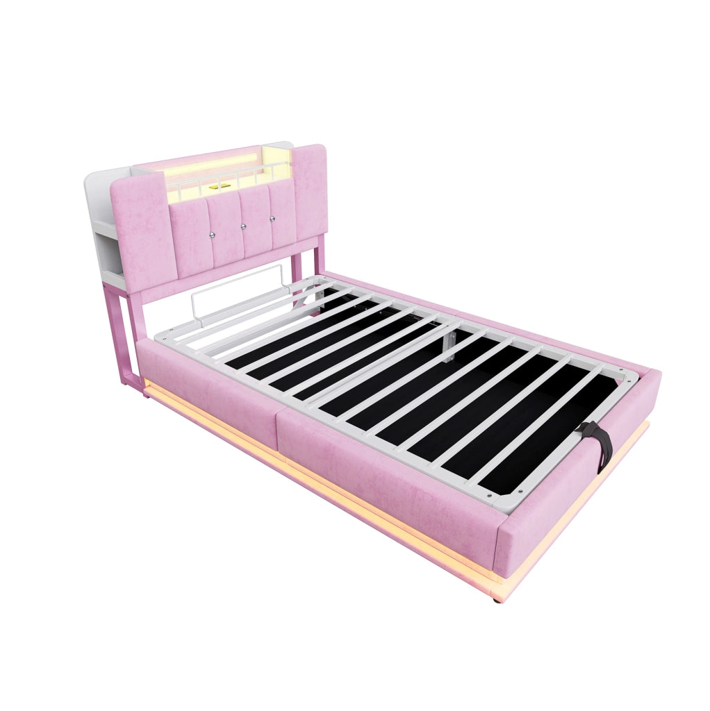 Letto imbottito per bambini con LED, USB e contenitore salvaspazio
