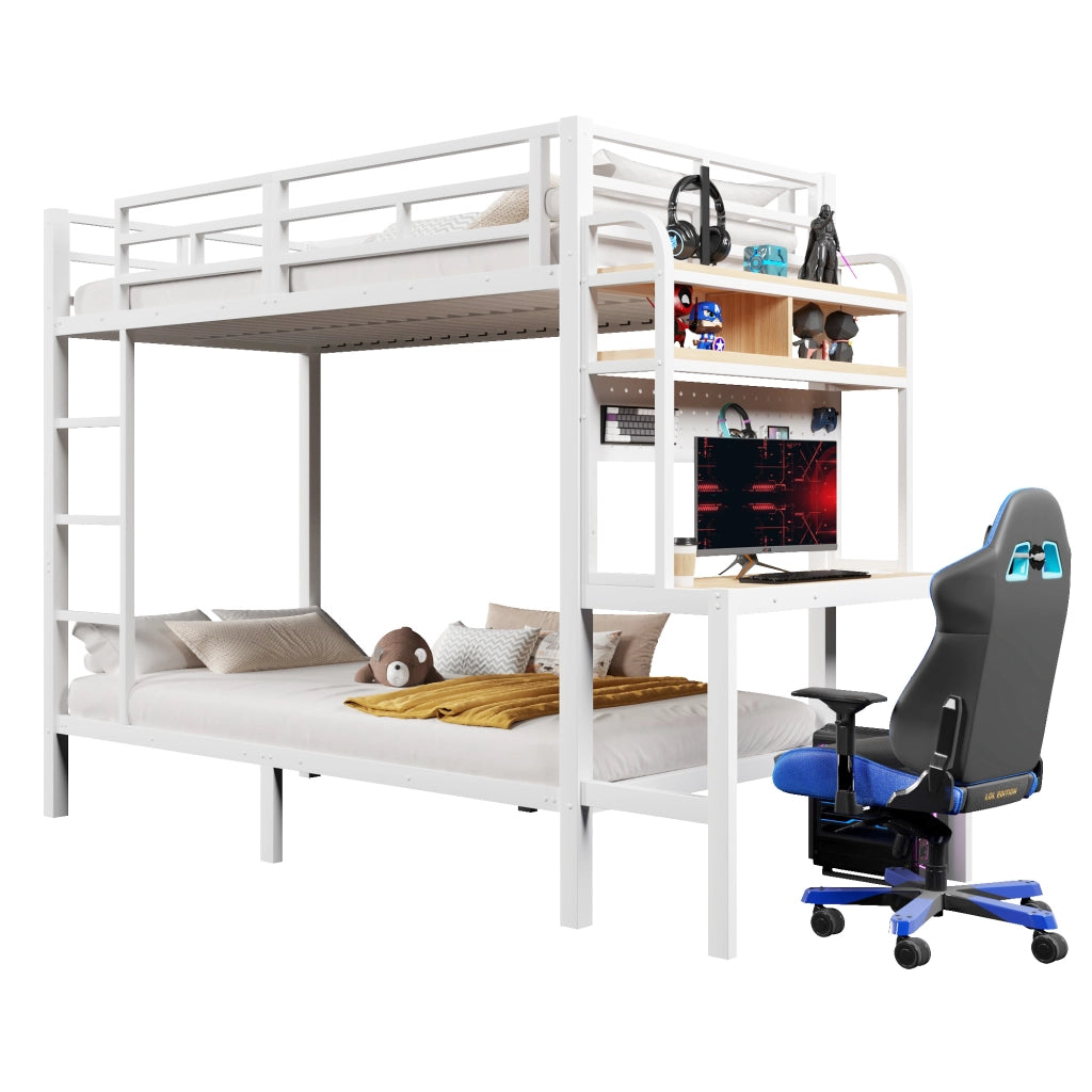 Letto a castello 90 × 200 cm con scrivania LED USB in metallo e MDF bianco con ripiani e scala
