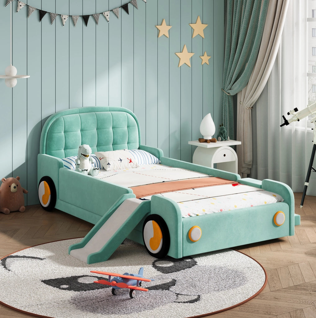 Letto per bambini a forma di auto 90x200 cm con scivolo e scala in velluto blu-verde HAVRYA