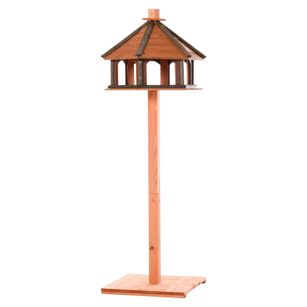 Desviae Mangiatoia per uccelli da giardino in legno naturale Ø52 × 130 cm con tetto a due falde e base rialzata