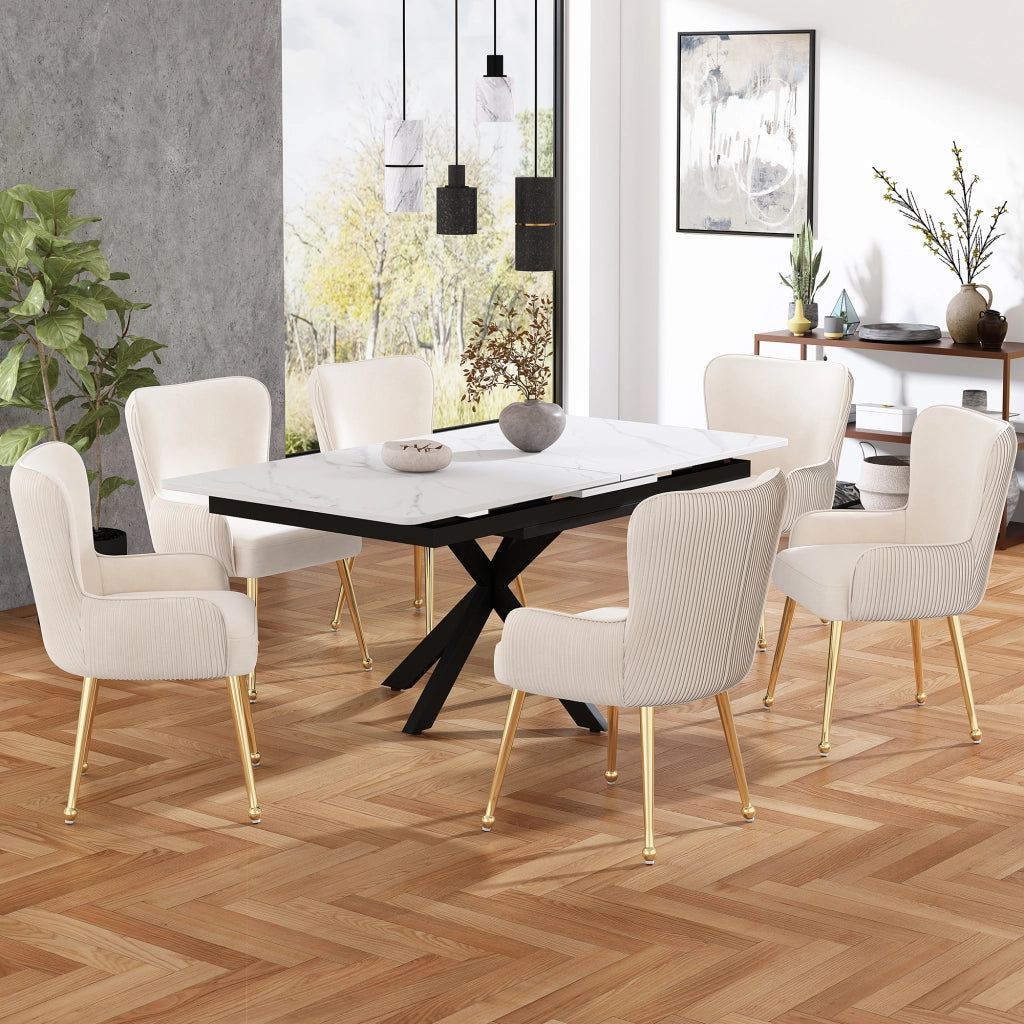 Set di 4 sedie da pranzo - con braccioli e supporto lombare - in velluto - beige e oro