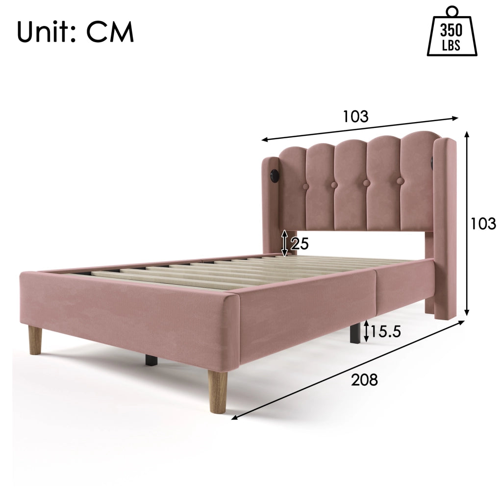 LETTO singolo 90x200 cm in velluto rosa con USB e Type-C