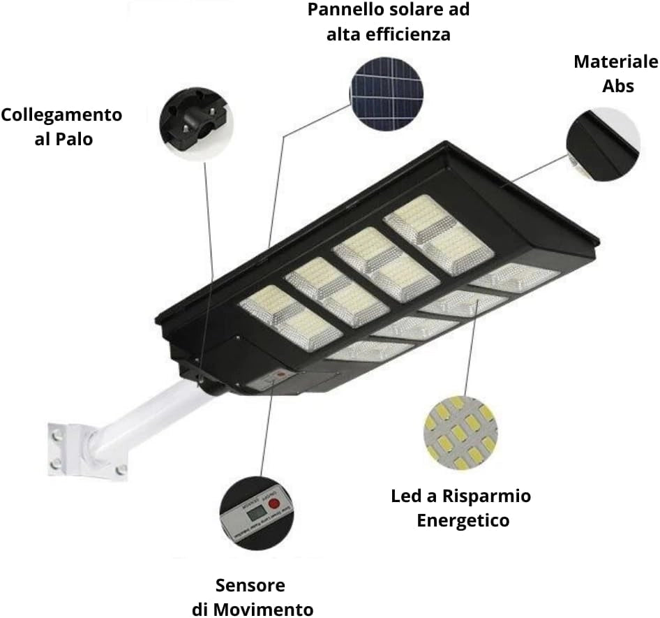 Lampione LED Esterno con Pannello Solare 1000W 6500K Bianco Freddo