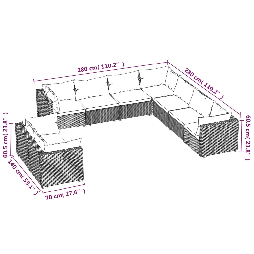 Set Divani da Giardino 9 pz con Cuscini in Polyrattan Marrone 3102499