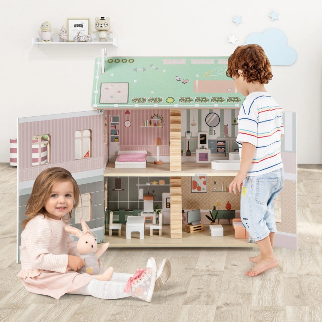 Casa delle bambole in legno per bambini con tetti doppio lato e porte apribili, Giocattolo a 3 livelli per 3+ anni Rosa