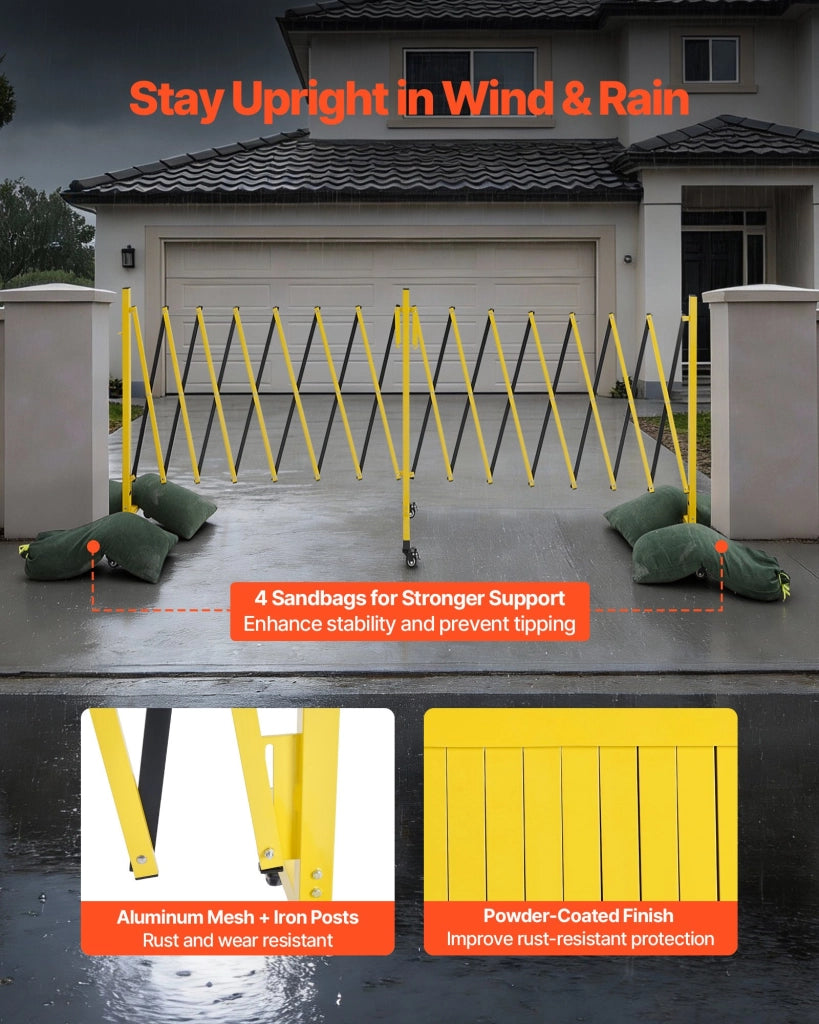 Barriera di sicurezza espandibile portatile in ferro e alluminio 7,66 m con ruote bloccabili per giardino e vialetto XSJ-S-0007 giallo e nero