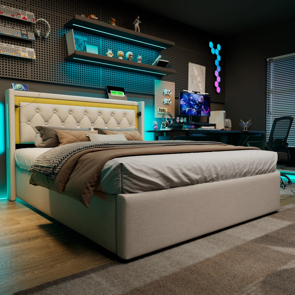 Letto matrimoniale LED 140x200 in cotone beige con USB e Type-C, contenitore e rete a doghe