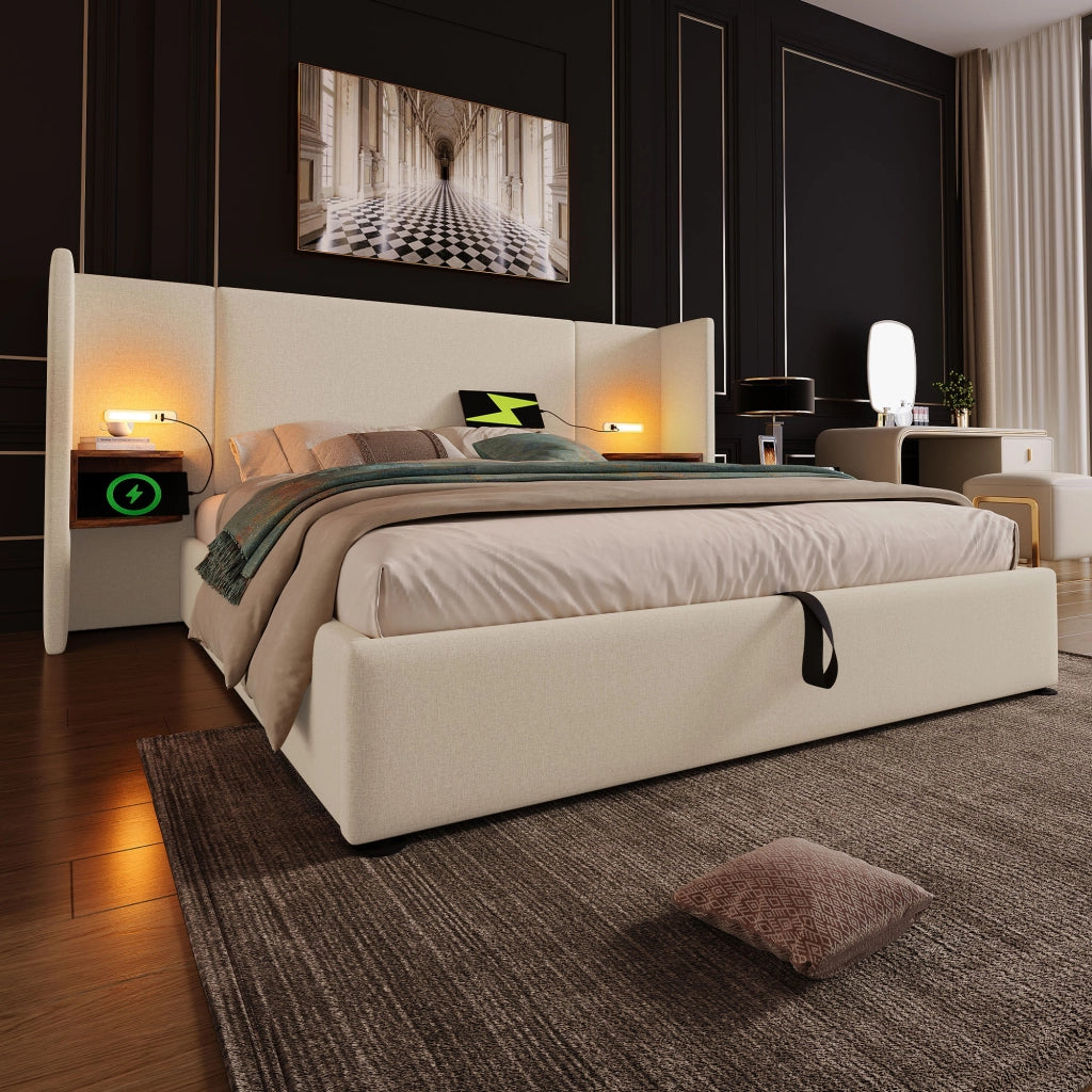 Letto matrimoniale 160x200 beige con sollevamento idraulico