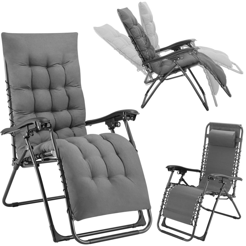 Poltrona da Giardino con Cuscino Imbottito Struttura Acciaio Pieghevole Grigio Relax