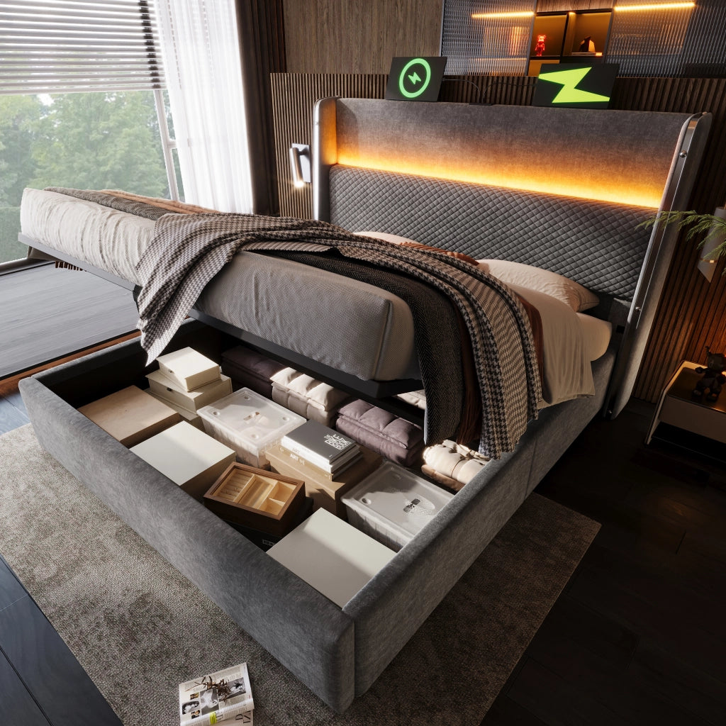 Letto matrimoniale contenitore 180 × 200 cm, LED, USB e Type-C, materasso incluso, testiera alta, lino grigio