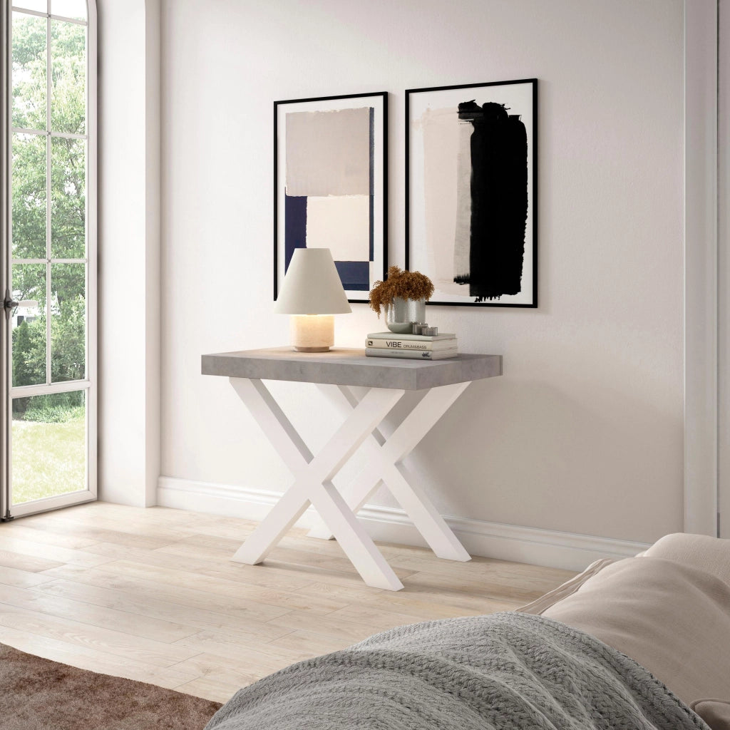 Consolle allungabile, 58 fino 180x90x73cm, Per 8 persone, Gambe in legno, Bianco e grigio cemento RF2769